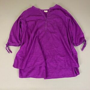 St John's Bay Tunic Top Women's 3X Purple Cotton Gauze 3/4 Sleeve Boho Blouse